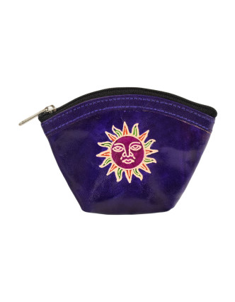 Peňaženka na drobné fialová, slnko, ručne maľovaná koža, 11x9cm