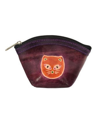 Peňaženka na drobné vínová, hlava mačky, ručne maľovaná koža, 11x9cm
