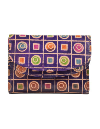 Peňaženka, ručne maľovaná koža, fialová, farebná geometria 14,5x11cm