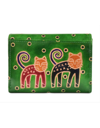 Peňaženka s mačkou, ručne maľovaná koža, zelená, 14,5x11cm