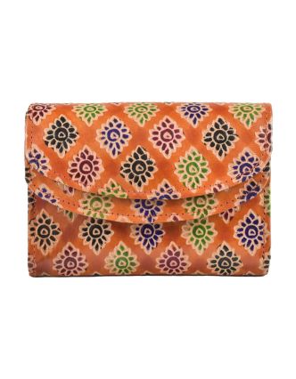 Peňaženka ručne maľovaná koža, farebné kvety, oranžová, 14,5x11cm