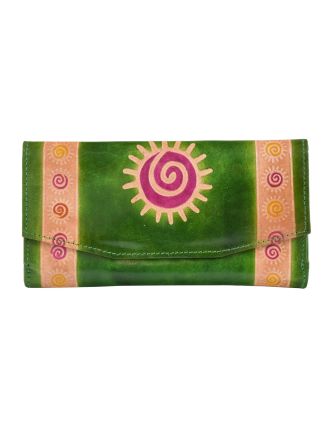 Peňaženka, Slnko maľovaná koža, zelená, 9,5x19,5cm