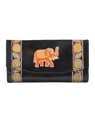 Peňaženka, Slon, maľovaná koža, čierna, 9,5x19,5cm