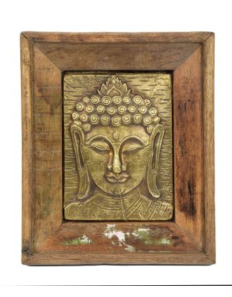 Obraz recyklovaného teakového dreva, relief Budhu z tepaného kovu, 25x3x29cm