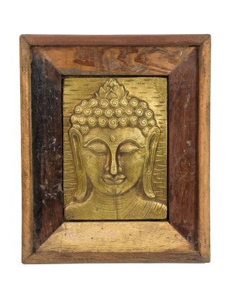 Obraz recyklovaného teakového dreva, relief Budhu z tepaného kovu, 25x3x29cm