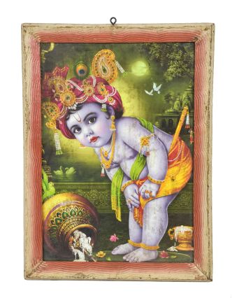 Starý obraz hinduistického božstva v teakovom ráme Krišna, 27x2x38cm