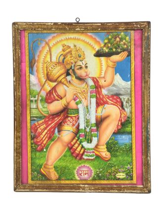 Starý obraz hinduistického božstva v teakovom ráme, Hanuman, 33x2x41cm