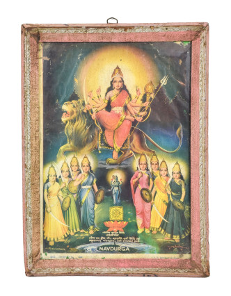 Starý obraz hinduistického božstva v teakovom ráme, Navdurga, 28x2x39cm