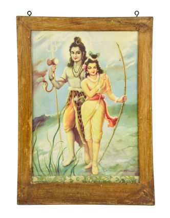 Starý obraz hinduistického božstva v teakovom ráme, Šiva a Parvátí, 43x2x60cm