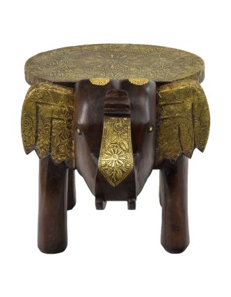 Stolička v tvare slona zdobená mosadzným kovaním, 45x30x30cm
