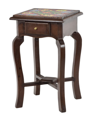 Stolička z mangového dreva, keramické dlaždice, 28x28x47cm
