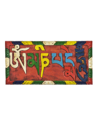 Drevená Tabuľka s nápisom Om Mani Padme Hum, farebne maľovaný, 21x11cm