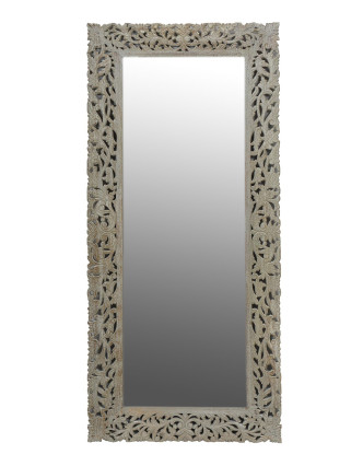 Zrkadlo v ráme z mangového dreva, ručne vyrezávané, šedá patina, 82x3x180cm