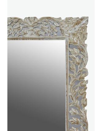 Zrkadlo v ráme z mangového dreva, ručne vyrezávané, biela patina, 72x3x170cm