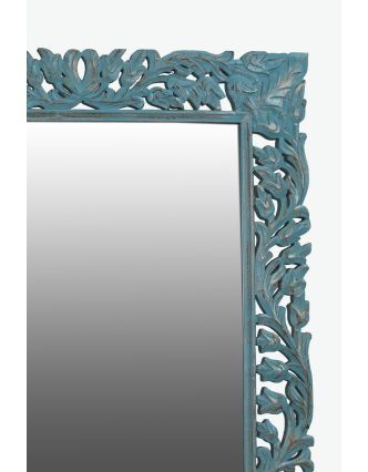 Zrkadlo v ráme z mangového dreva, ručne vyrezávané, tyrkysová patina, 98x3x180cm
