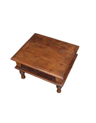 Starý čajový stolík z teakového dreva s odklápacou doskou, 51x45x30cm