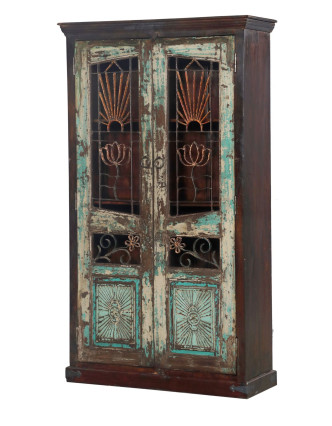 Skriňa z teakového dreva, staré dvere, biela patina, 117x43x207cm