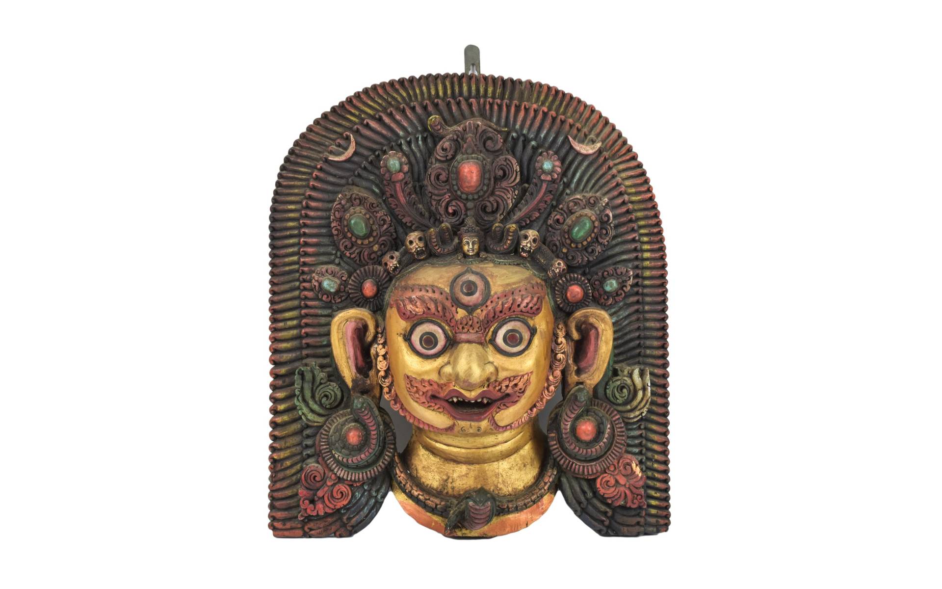 Drevená maska, Bhairab, antik, ručne maľovaná, 42x12x44cm