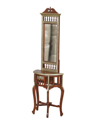 Zrkadlo so stolíkom z mangového dreva, mosadzné kovanie, 60x30x190cm