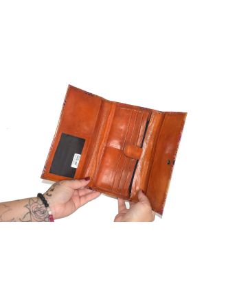 Peňaženka, farebné obrazce maľovaná koža, oranžová, 21,5x12cm