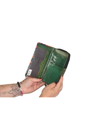 Peňaženka zelená, farebné kolieska, maľovaná koža, čierna, 19x10cm