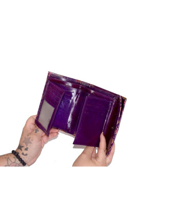 Peňaženka, ručne maľovaná koža, fialová, farebná geometria 14,5x11cm