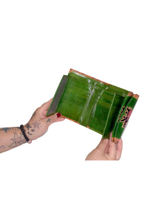 Peňaženka so slonom, ručne maľovaná koža, zelená, 14,5x11cm
