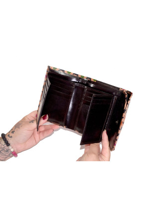 Peňaženka ručne maľovaná koža, farebné bodky, čierno-béžová, 14,5x11cm