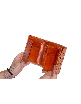 Peňaženka ručne maľovaná koža, farebné bodky, oranžová, 14,5x11cm