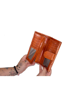 Peňaženka, vlnité linky, maľovaná koža, oranžová, 9,5x19,5cm