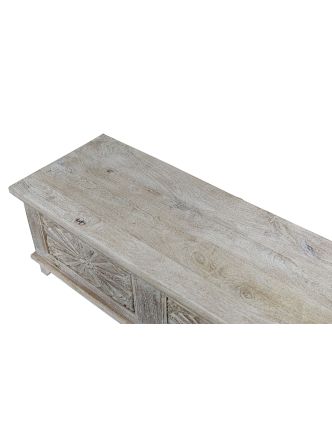 Drevená truhla z mangového dreva, biela patina, 117x43x42cm