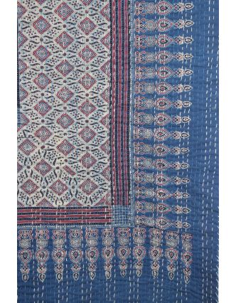 Prehoz na posteľ "Kantha Work" modrý, ručne potlačený a prešívaný, 214x265cm