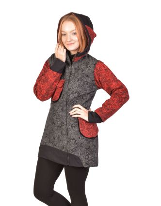Kabátik s kapucňou, čierno-šedo-červený, potlač, na zips, vrecká, fleece podšívka