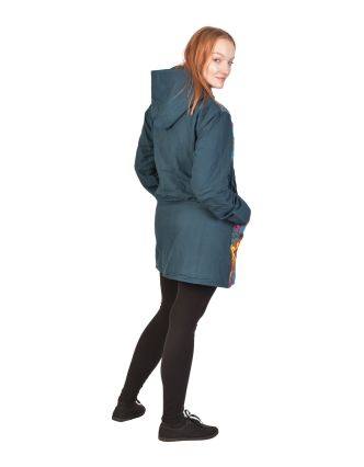 Kabátik s kapucňou, tyrkysová, farebná potlač, na zips, vrecká, fleece podšívka