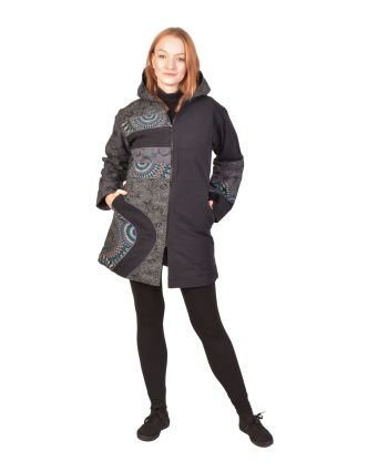 Kabátik s kapucňou, čierno-sivý, potlač, na zips, vrecká, fleece podšívka