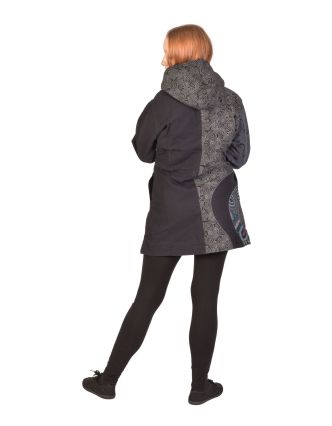 Kabátik s kapucňou, čierno-sivý, potlač, na zips, vrecká, fleece podšívka