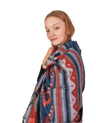 Veľký zimný šál s geometrickým vzorom, modro-červeno-sivý, 200x100cm