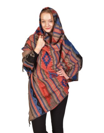 Veľký zimný šál s geometrickým vzorom, tmavo modro-červeno-béžový, 200x100cm