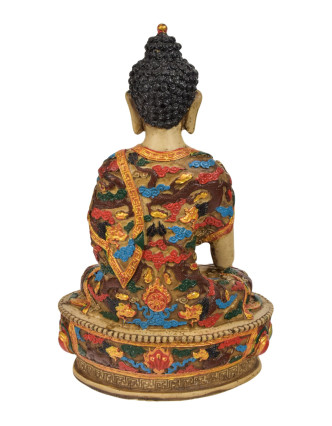 Budha Šákjamúni, ručne vyrezávaný, farbený, 18x12x27cm