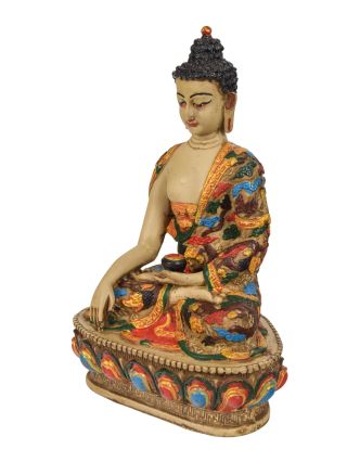 Budha Šákjamúni, ručne vyrezávaný, farbený, 18x12x27cm