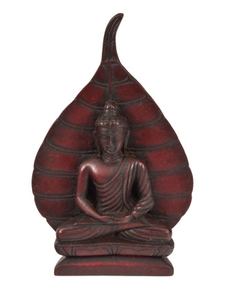 Meditujúci Budha s listom stromu Bódhi, tmavo červený, živica