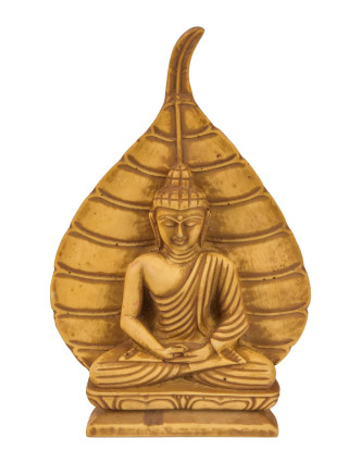 Meditujúci Budha s listom stromu Bódhi, okrový, živica