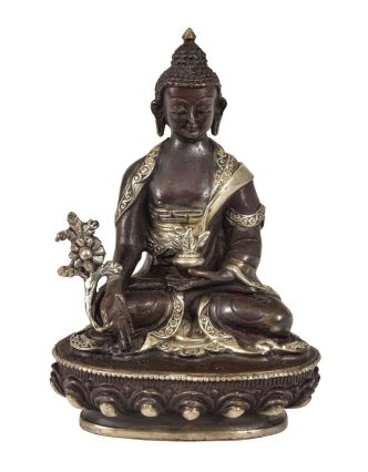 Uzdravujúca Budha, mosadzná soška, postriebrená, 7x4x9cm