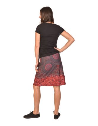 Krátka sukňa, šedo-vínová s potlačou Mandal, elastický pás, šnúrka