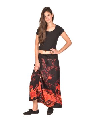Dlhá sukňa, čierna s farebnou Flower potlačou, elastický pás, šnúrka