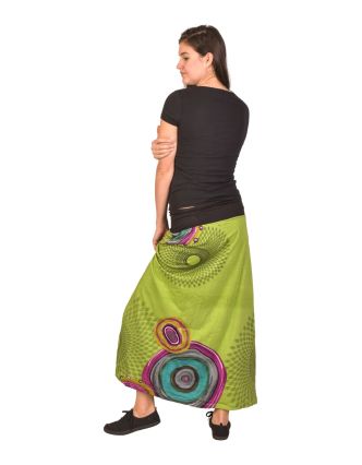 Dlhá sukňa, limetkovo zelená s farebnou potlačou, elastický pás, šnúrka