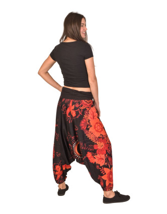 Turecké nohavice s vyšším pásom, čierne s farebnou Flower potlačou
