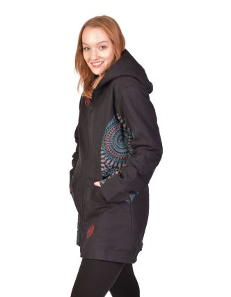 Kabátik s kapucňou, čierny, Mandala potlač, na zips, vrecká, fleece podšívka