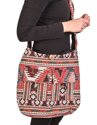 Taška cez rameno, farebná, veľká, Aztec design, 2 predné vrecká, zips, 40x36 cm