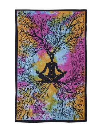 Prikrývka s tlačou, Yogín a strom, farebná batika, 130x200 cm